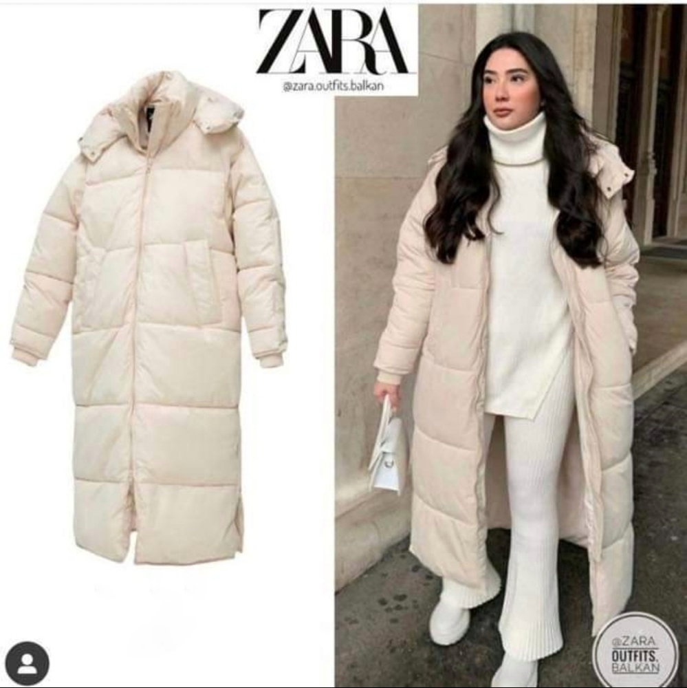 NWT ZARA * Extra Long Water Repellent Puffer Coat Cream Bloggers Favorite Fav